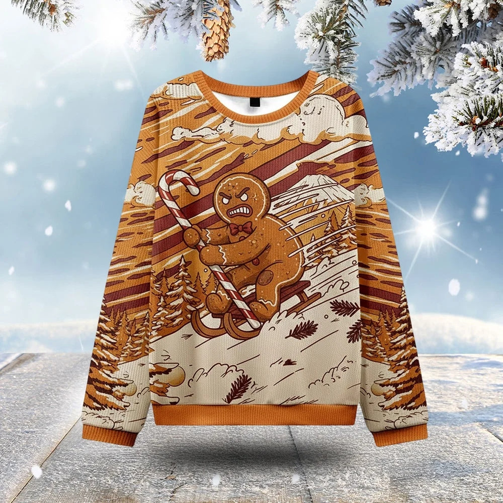 Angry Gingerbread Riding Sleigh Ugly Christmas Sweater