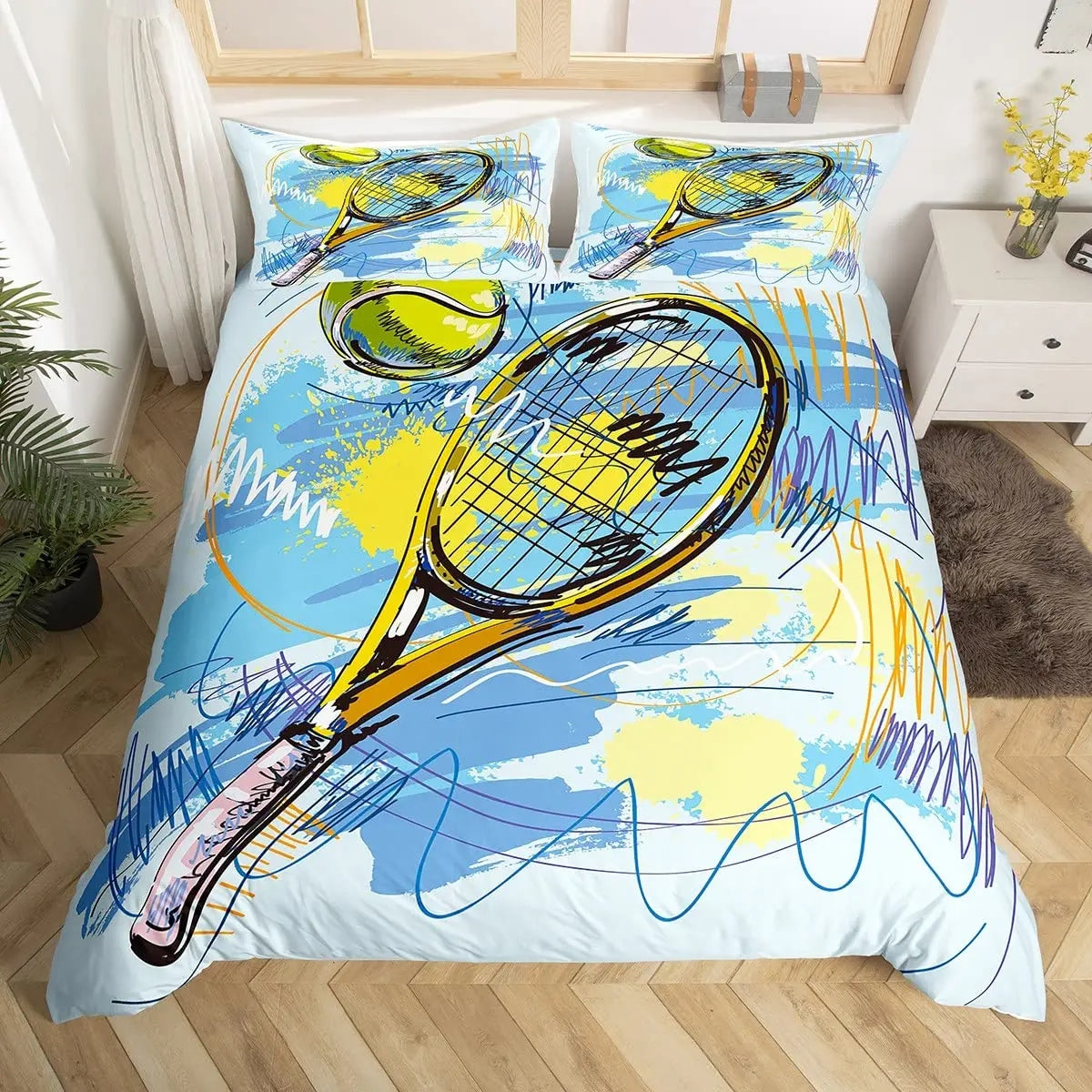 Drawing Colorful Tennis Racquet Bedding Set