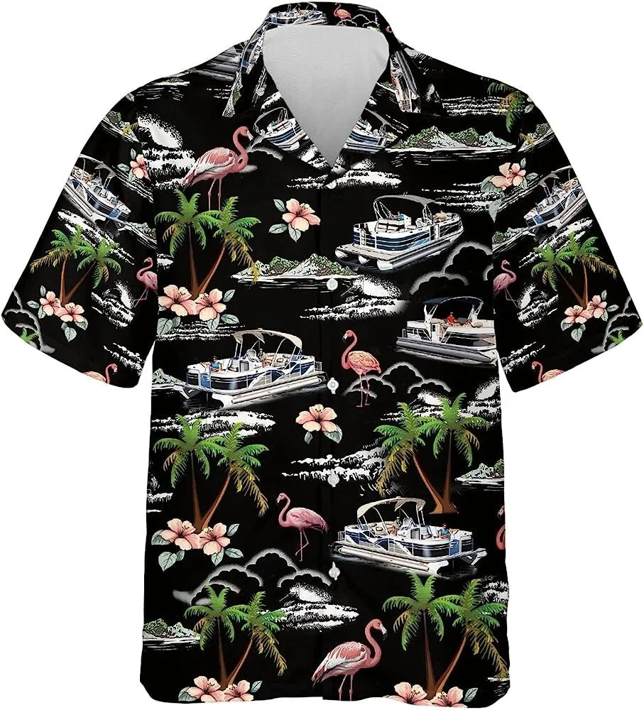 Flamingo And Pontoon Boat Tropical Hawaiian Shirt