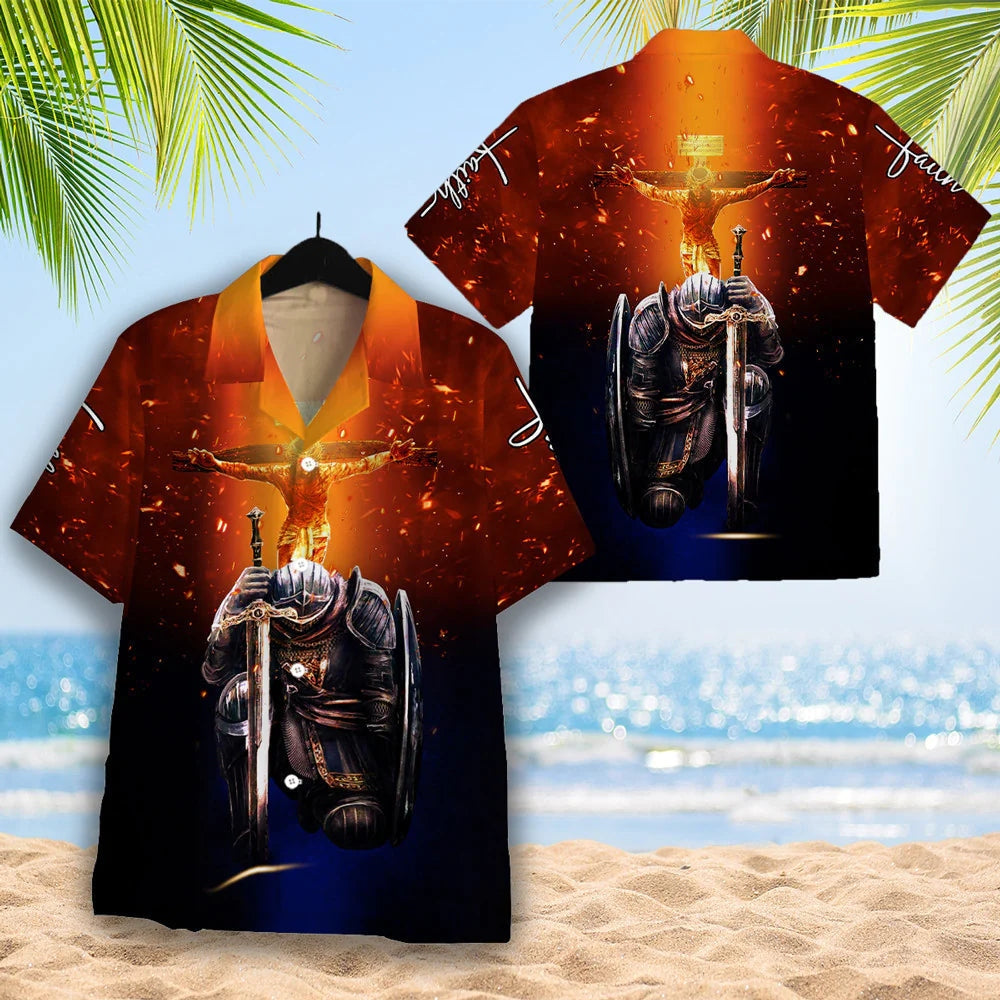 Kneeling Knight Faith Jesus Cross Hawaiian Shirt