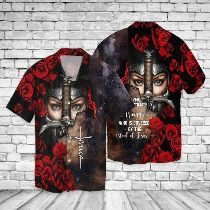 Never Underestimate Women Who Is Covered By The Blood Of Jesus Hawaiian Shirt