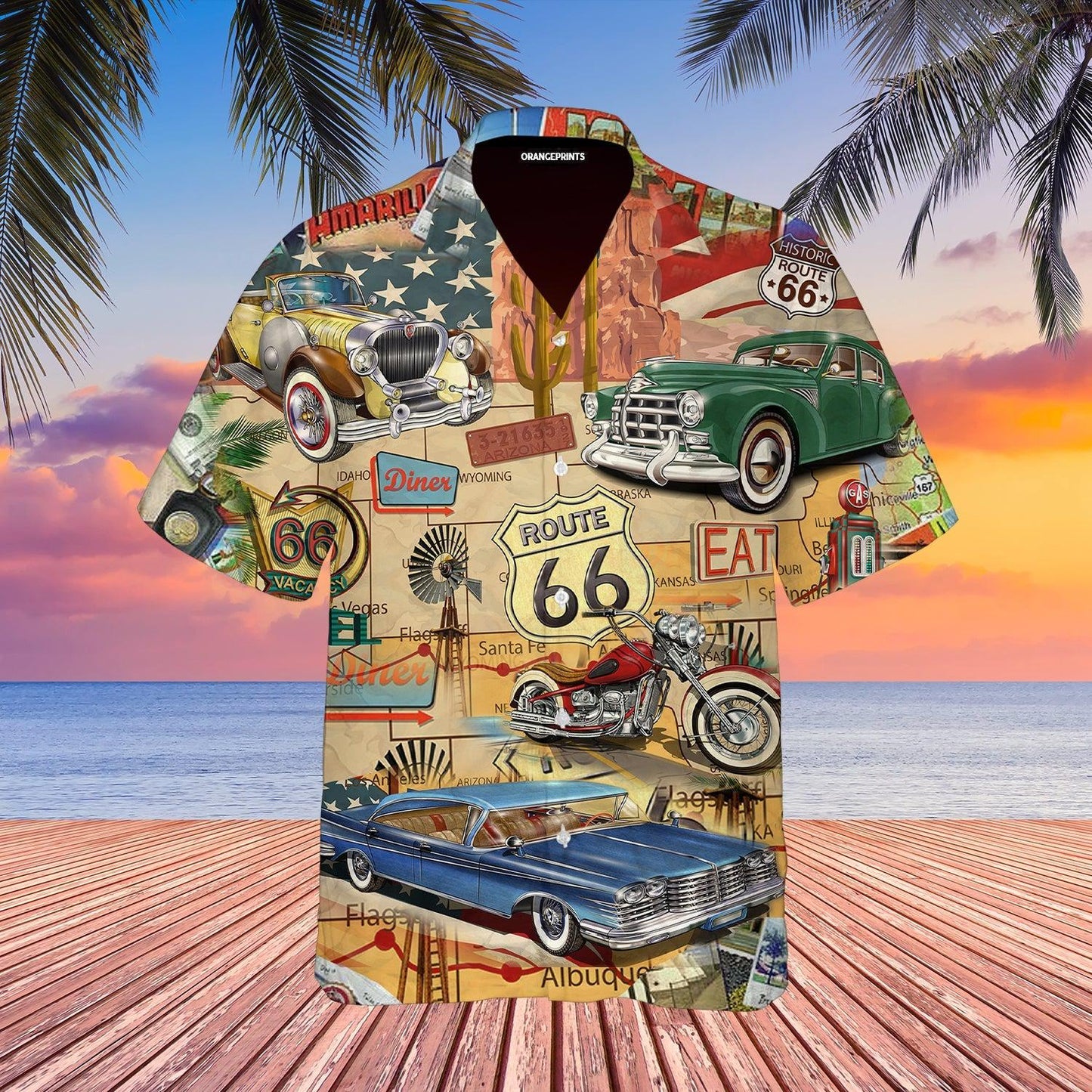Vintage Muscle Car On Route 66 Vacation Hawaiian Shirt