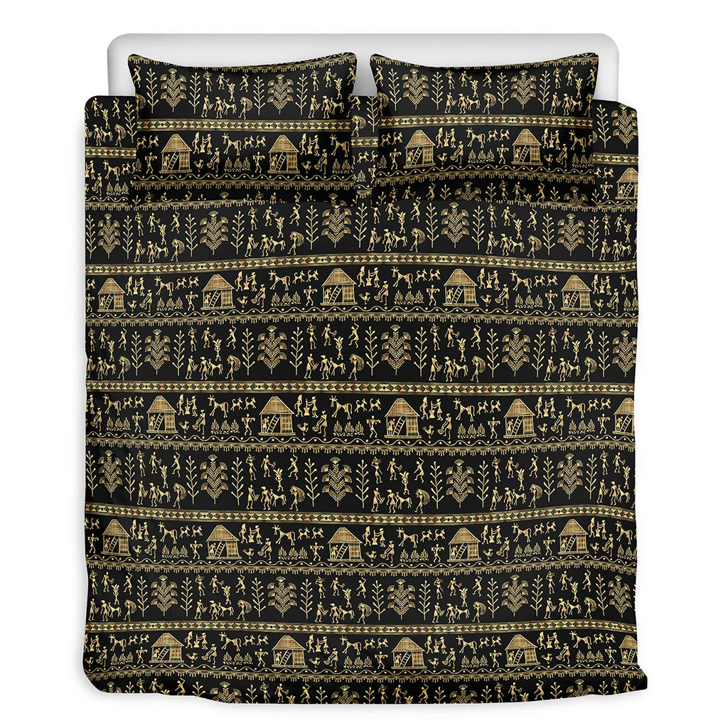 Black Gold Warli Pattern Bedding Set