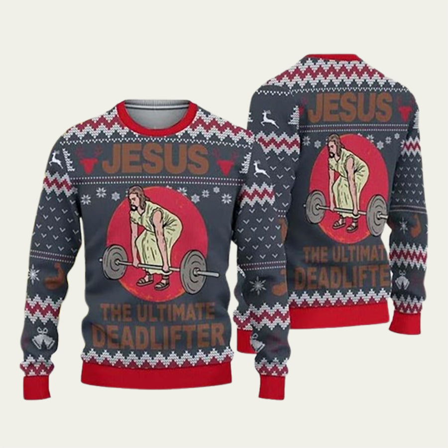 Jesus The Ultimate Deadlifter Ugly Christmas Sweater