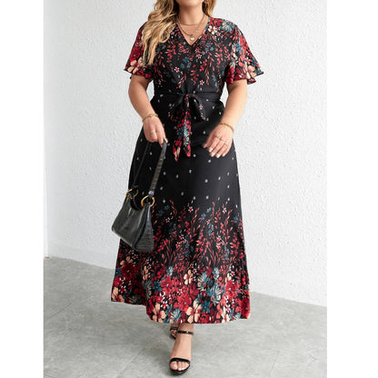 V-neck Plus Size Black Casual Dresses