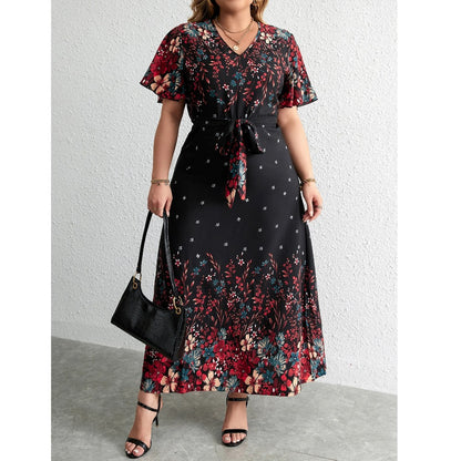 V-neck Plus Size Black Casual Dresses