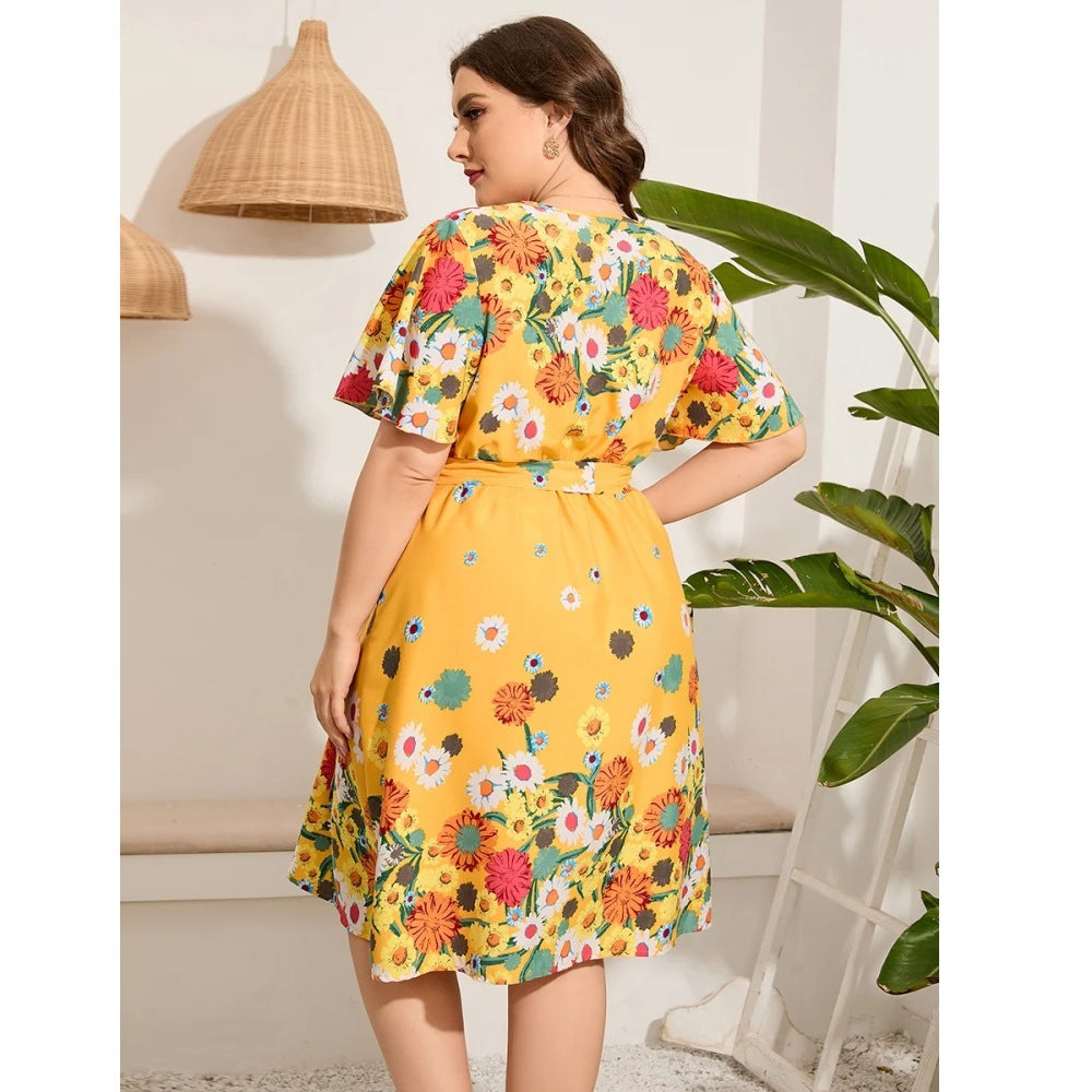 Yellow Floral Plus Size Summer Midi Dresses