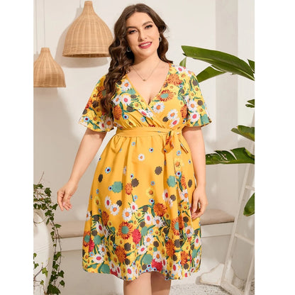 Yellow Floral Plus Size Summer Midi Dresses