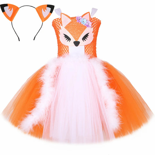 Orange White Fox Tutu Dress for Girls