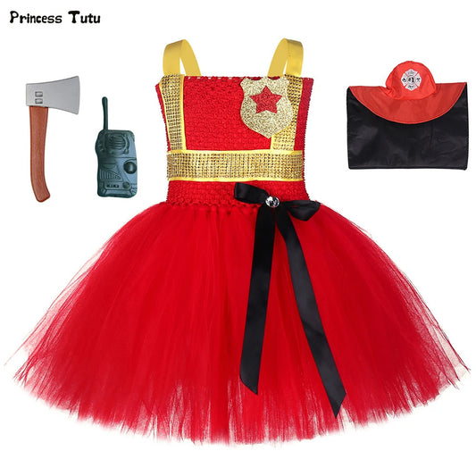 Gold Red Firefighter Tutu Dress Fireman Costume Kid