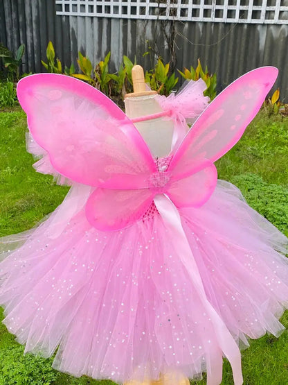 Pink Fairy Tutu Dress with Wing and Stick Hairbow