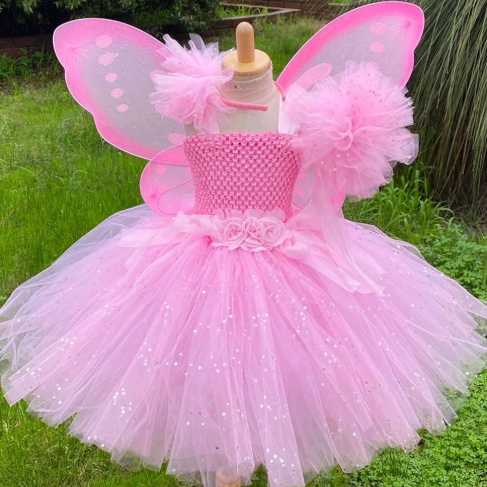 Pink Fairy Tutu Dress with Wing and Stick Hairbow