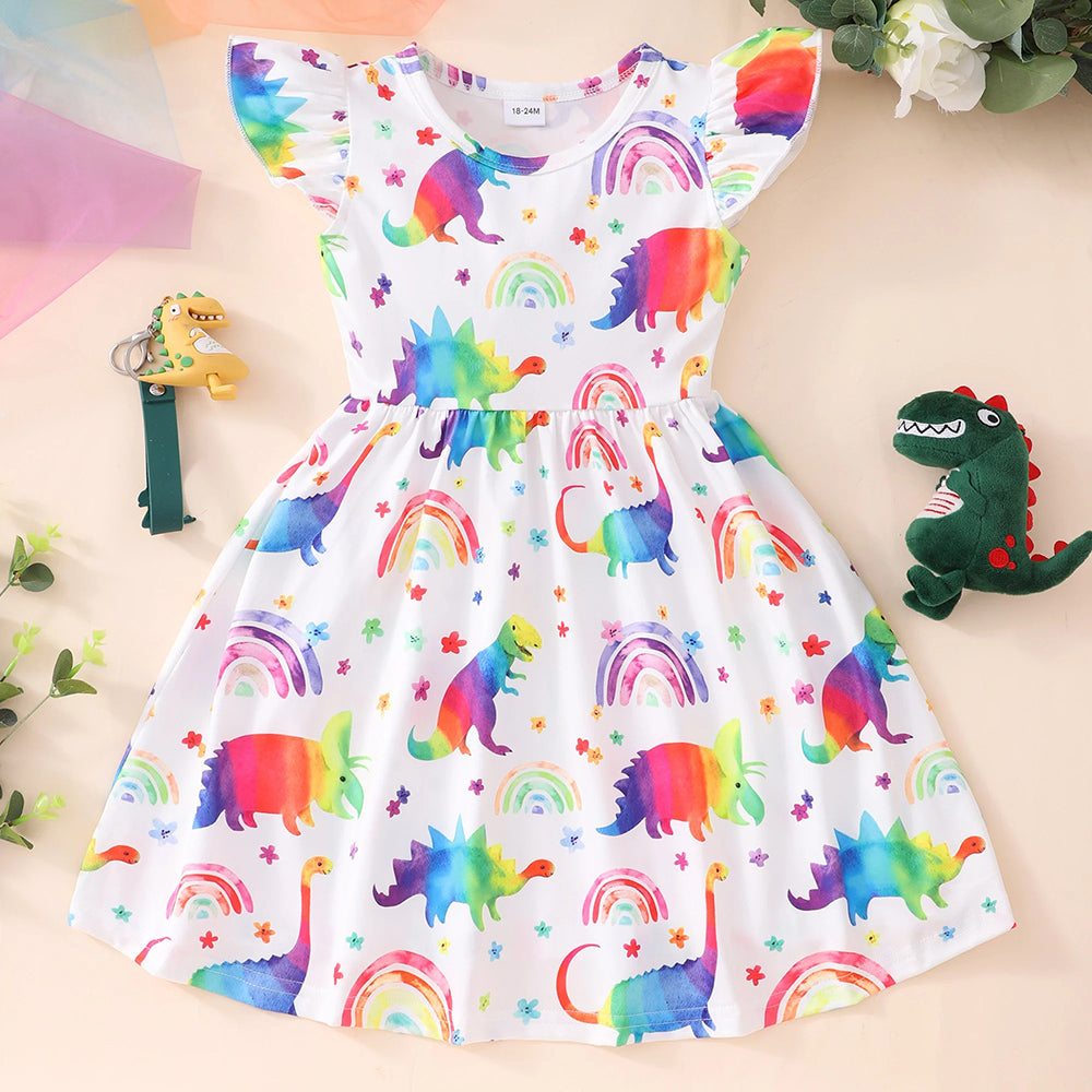 Flying Sleeve Rainbow Dinosaur Dress For Baby Kid