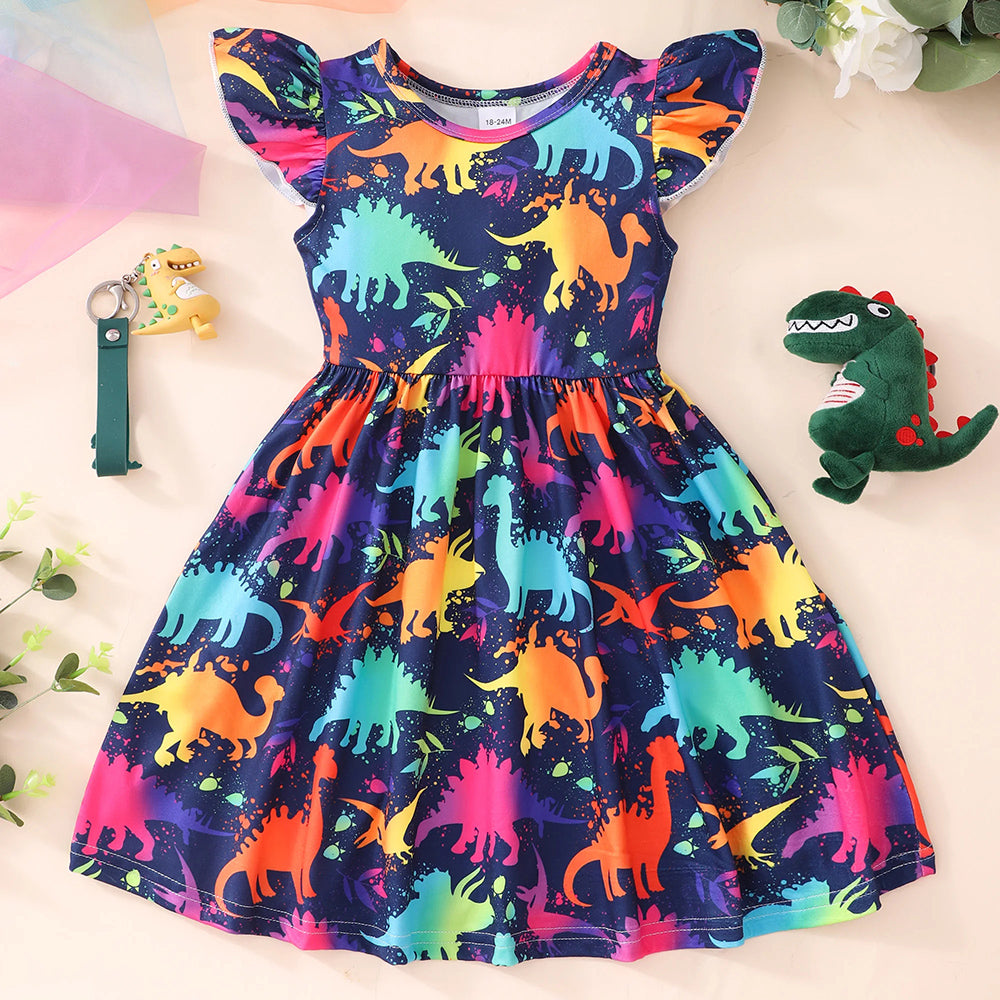 Flying Sleeve Rainbow Dinosaur Dress For Baby Kid