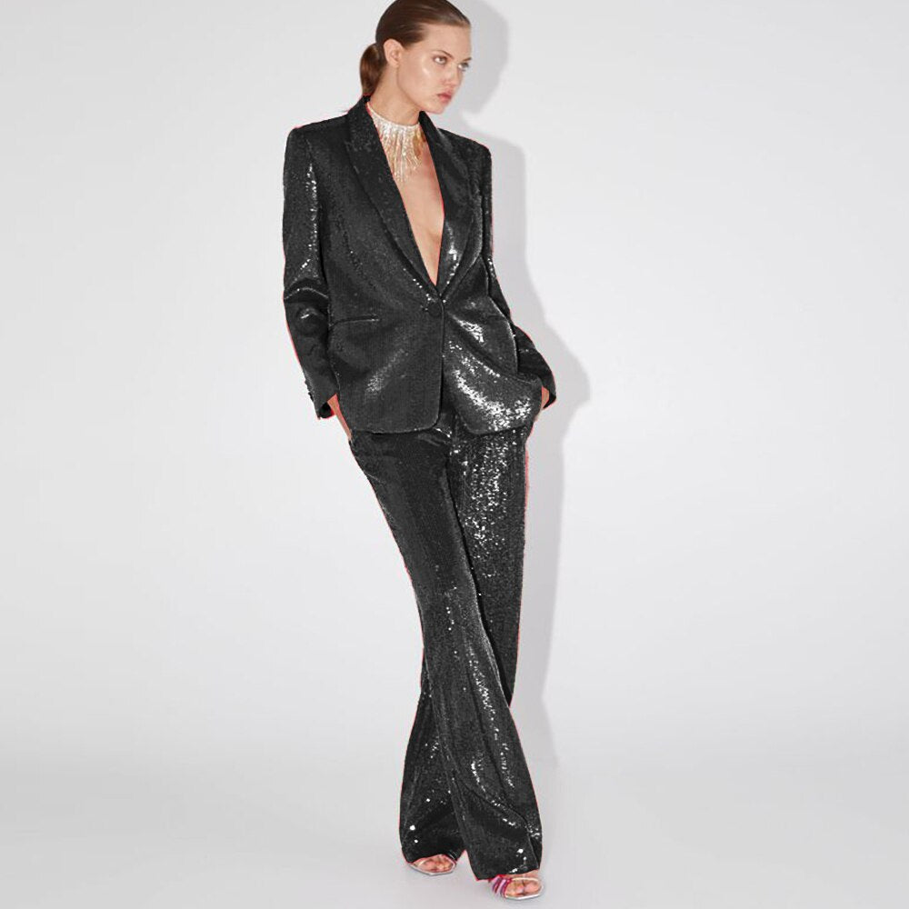 Sparkly Trouser Suit Women Sequin Pant Suit 90Y-101 BLACK