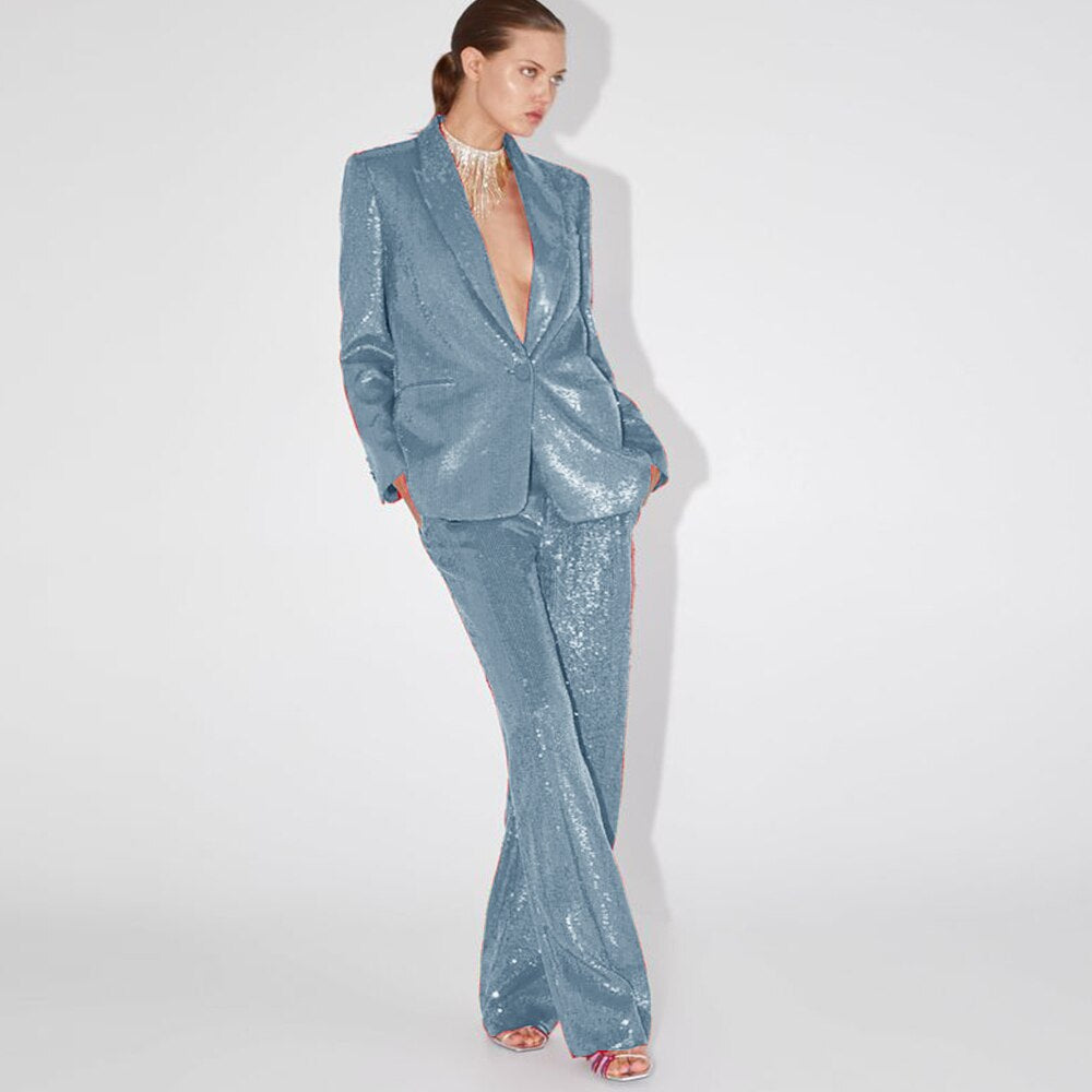 Sparkly Trouser Suit Women Sequin Pant Suit 90Y-101 BLUE