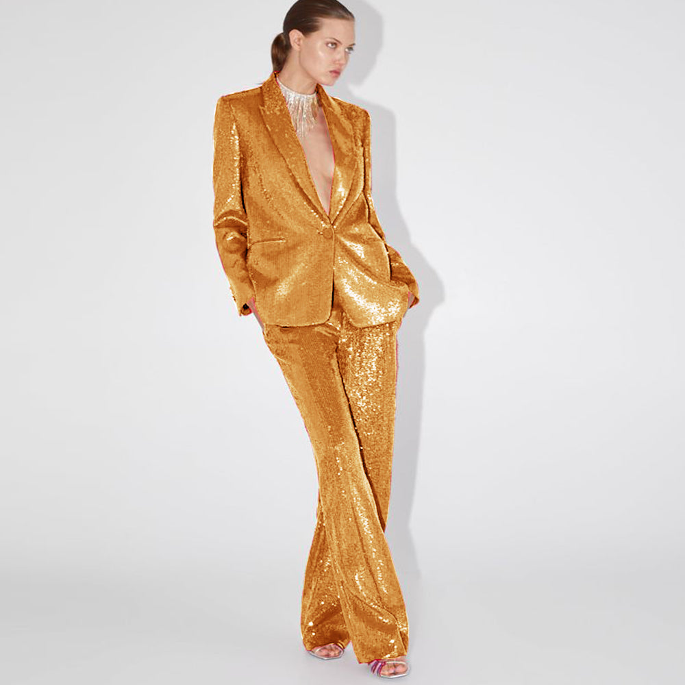 Sparkly Trouser Suit Women Sequin Pant Suit 90Y-101 gold