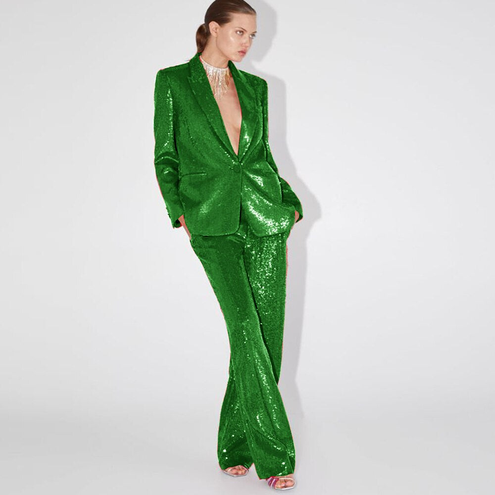 Sparkly Trouser Suit Women Sequin Pant Suit 90Y-101 green