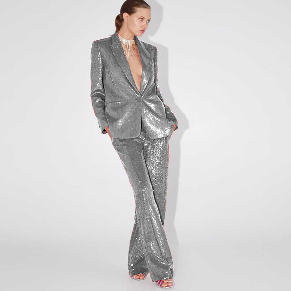 Sparkly Trouser Suit Women Sequin Pant Suit 90Y-101 grey