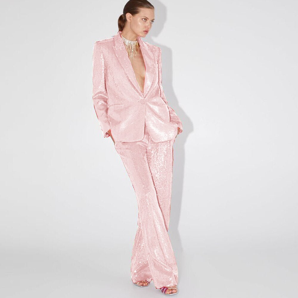 Sparkly Trouser Suit Women Sequin Pant Suit 90Y-101 light pink