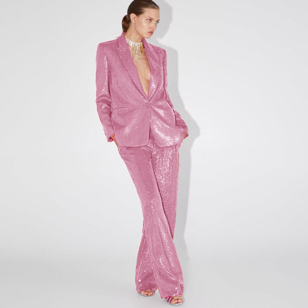 Sparkly Trouser Suit Women Sequin Pant Suit 90Y-101 pink