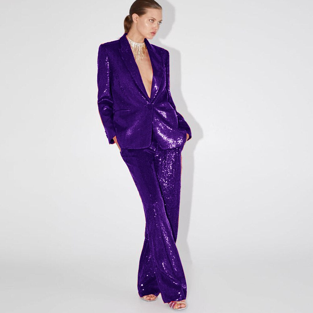 Sparkly Trouser Suit Women Sequin Pant Suit 90Y-101 purple