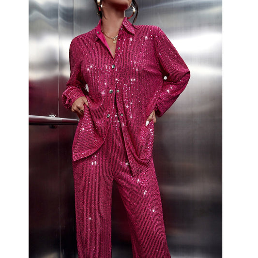 Red Sparkly Sequin Trouser Pant Suit 90Y-102