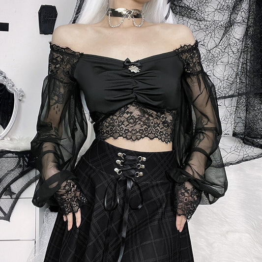 Halloween Gothic Long Sleeve Crop Top 90Y-119