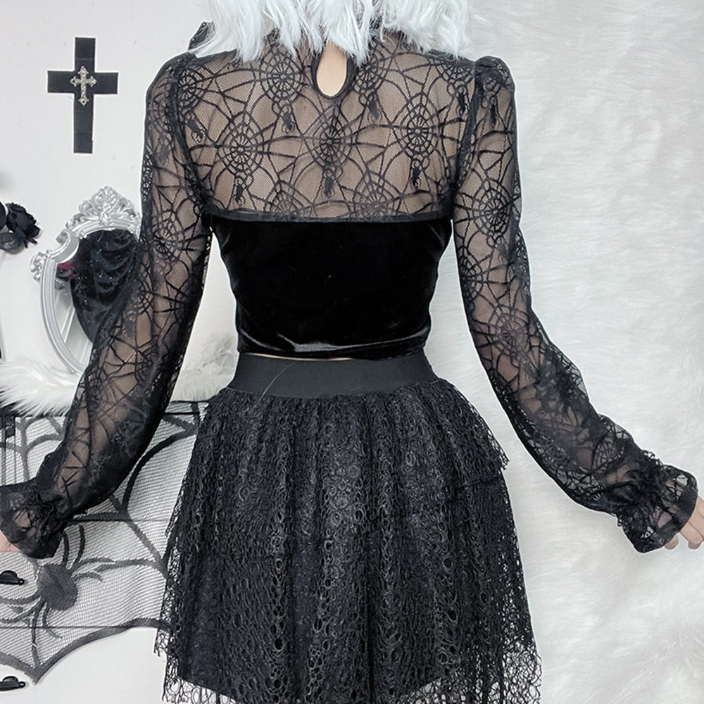 Halloween Gothic Black Long Sleeve Crop Top 90Y-121