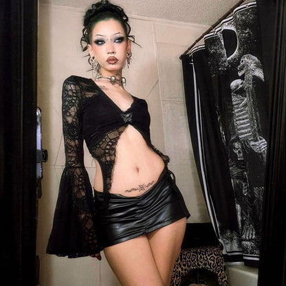 Halloween Gothic Long Sleeve Crop Top 90Y-122