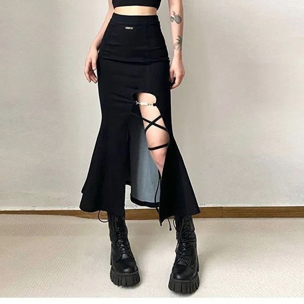 Halloween Gothic Black Long Skirt 90Y-136