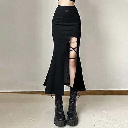 Halloween Gothic Black Long Skirt 90Y-136