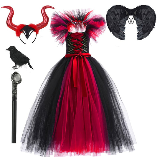 Halloween Red Witch Costume Dress with Horn For Kid