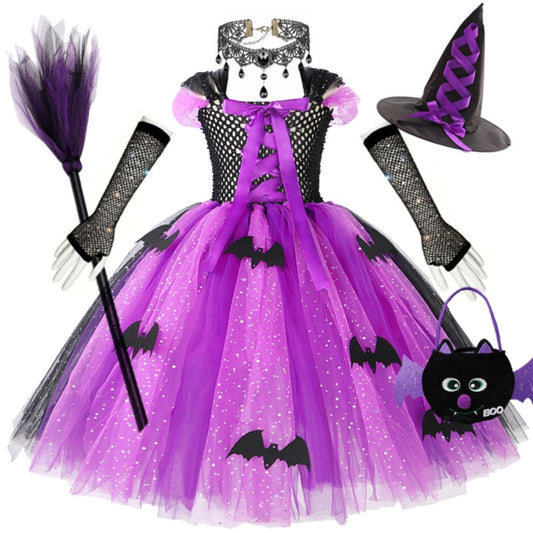 Halloween Witch Bat Costume Tutu Dress with Hat Broom for Kid