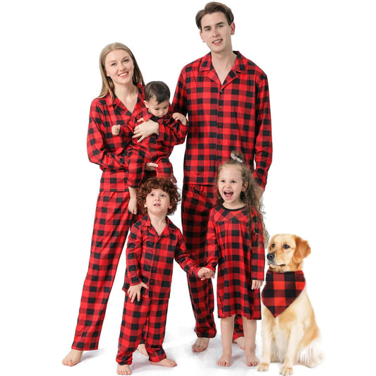 Red Plaid Family Christmas Pajamas and Dog Bandana 90Y-184