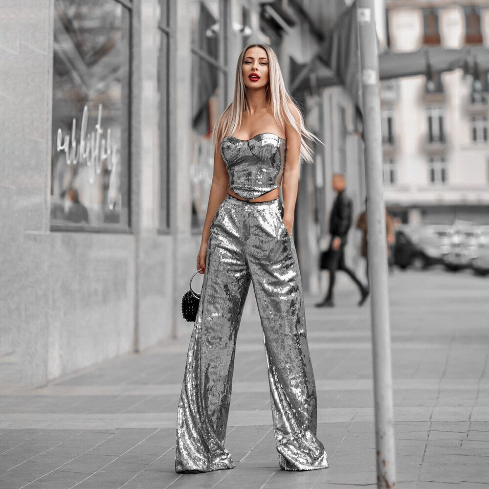 Silver Sequin Pant Suit for Women 90Y-37