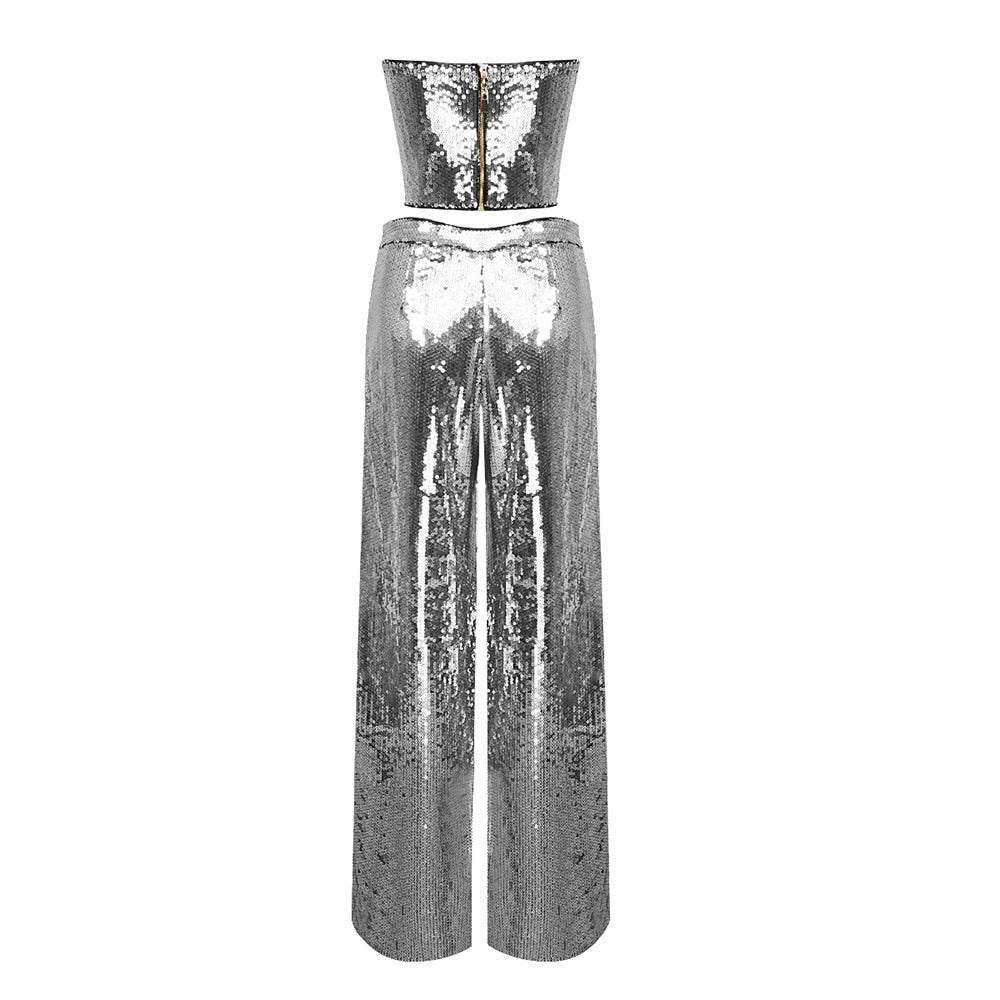 Silver Sequin Pant Suit for Women 90Y-37 back