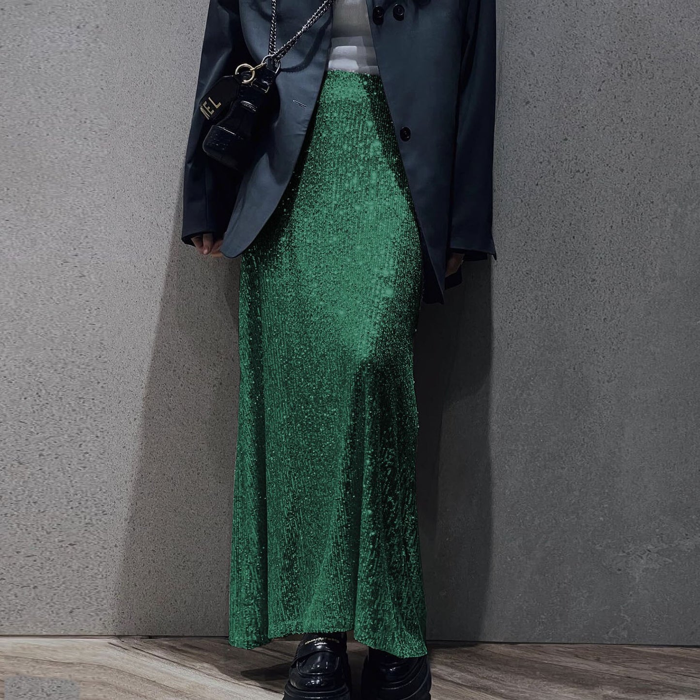 Women Sequin Pant Suit 90Y-38 green skirt