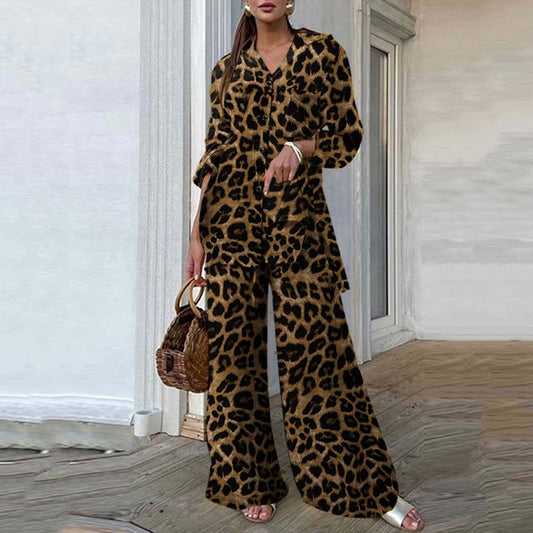 Leopard Wide Leg Pant Suit 90Y-59 BROWN