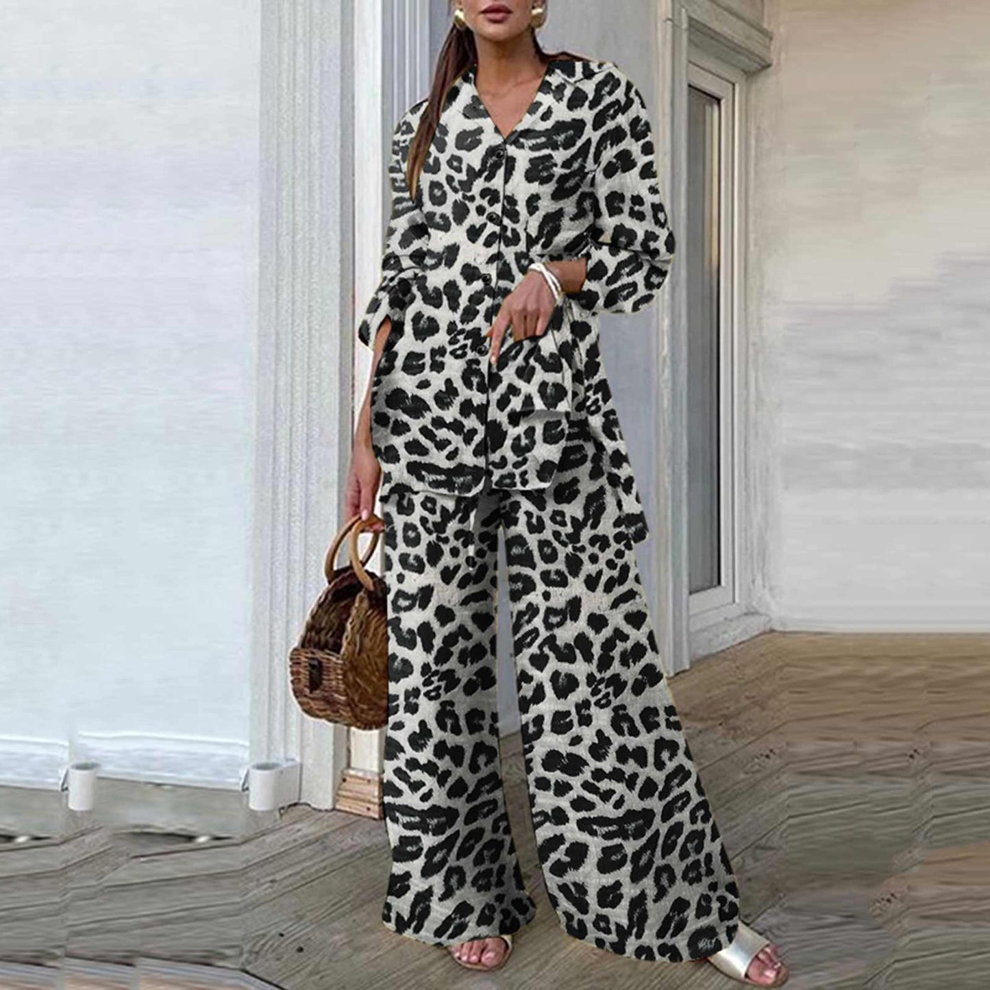 Leopard Wide Leg Pant Suit 90Y-59 dark grey