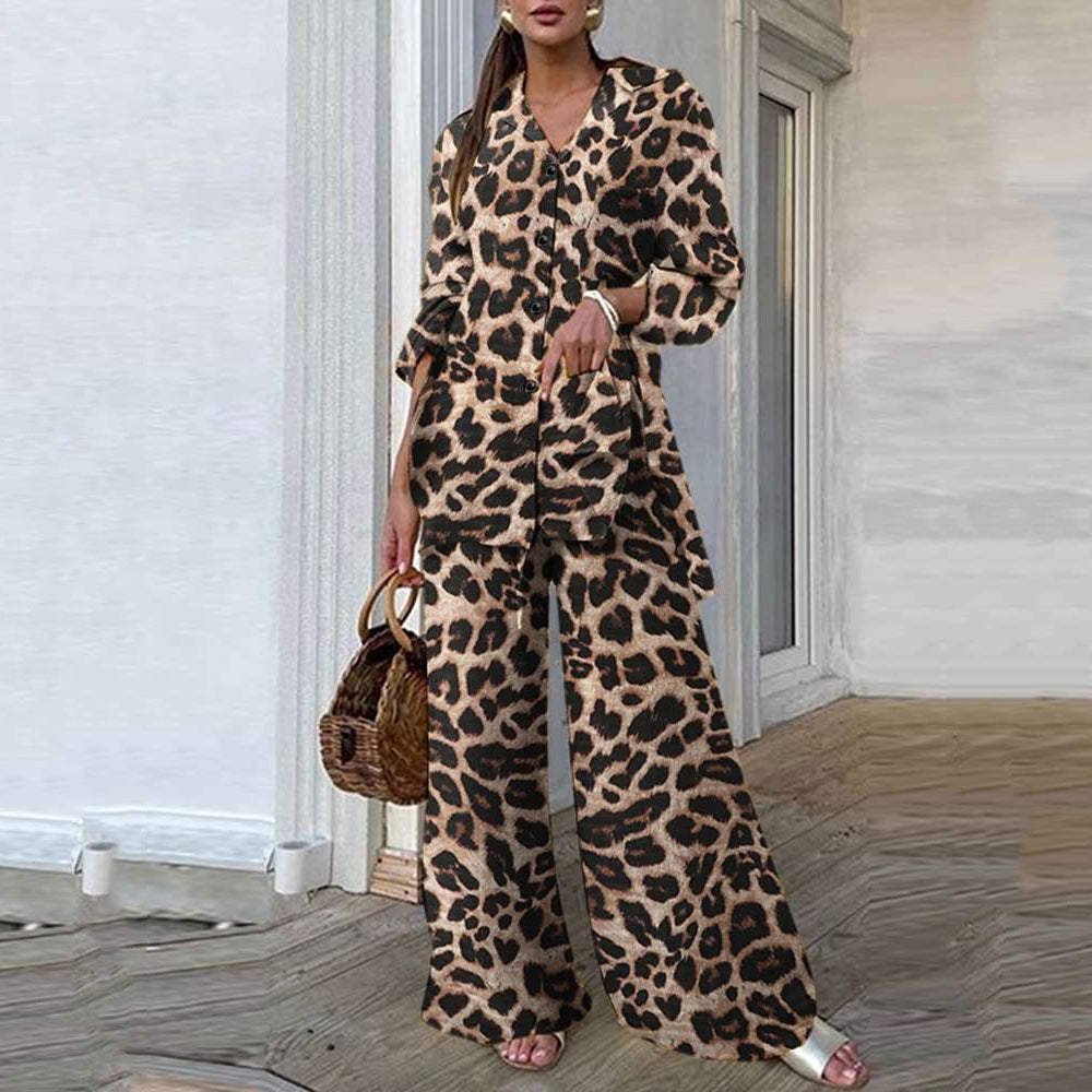 Leopard Wide Leg Pant Suit 90Y-59 khaki