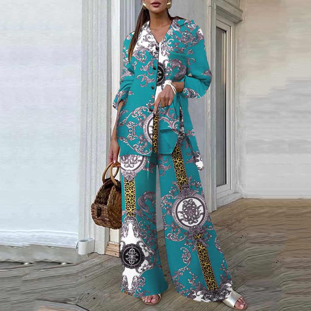 Print Wide Leg Pant Suit 90Y-79 lake blue