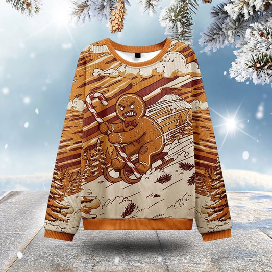 Angry Gingerbread Riding Sleigh Ugly Christmas Sweater