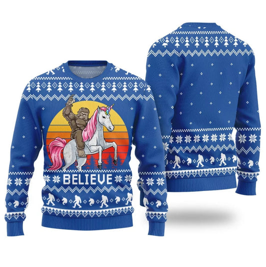 Believe Bigfoot Riding Unicorn Ugly Christmas Sweater
