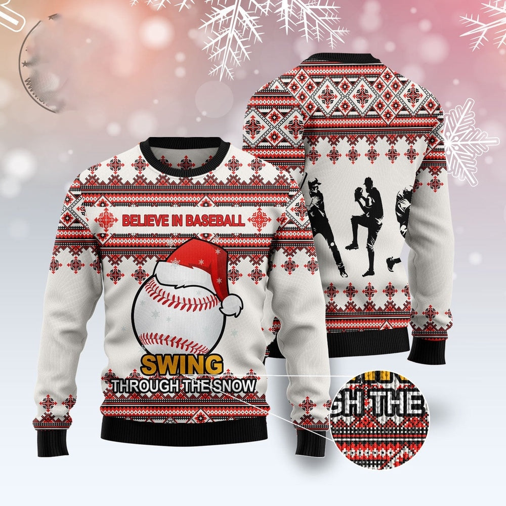 Believe In Baseball Swing Through The Snow Ugly Christmas Sweater