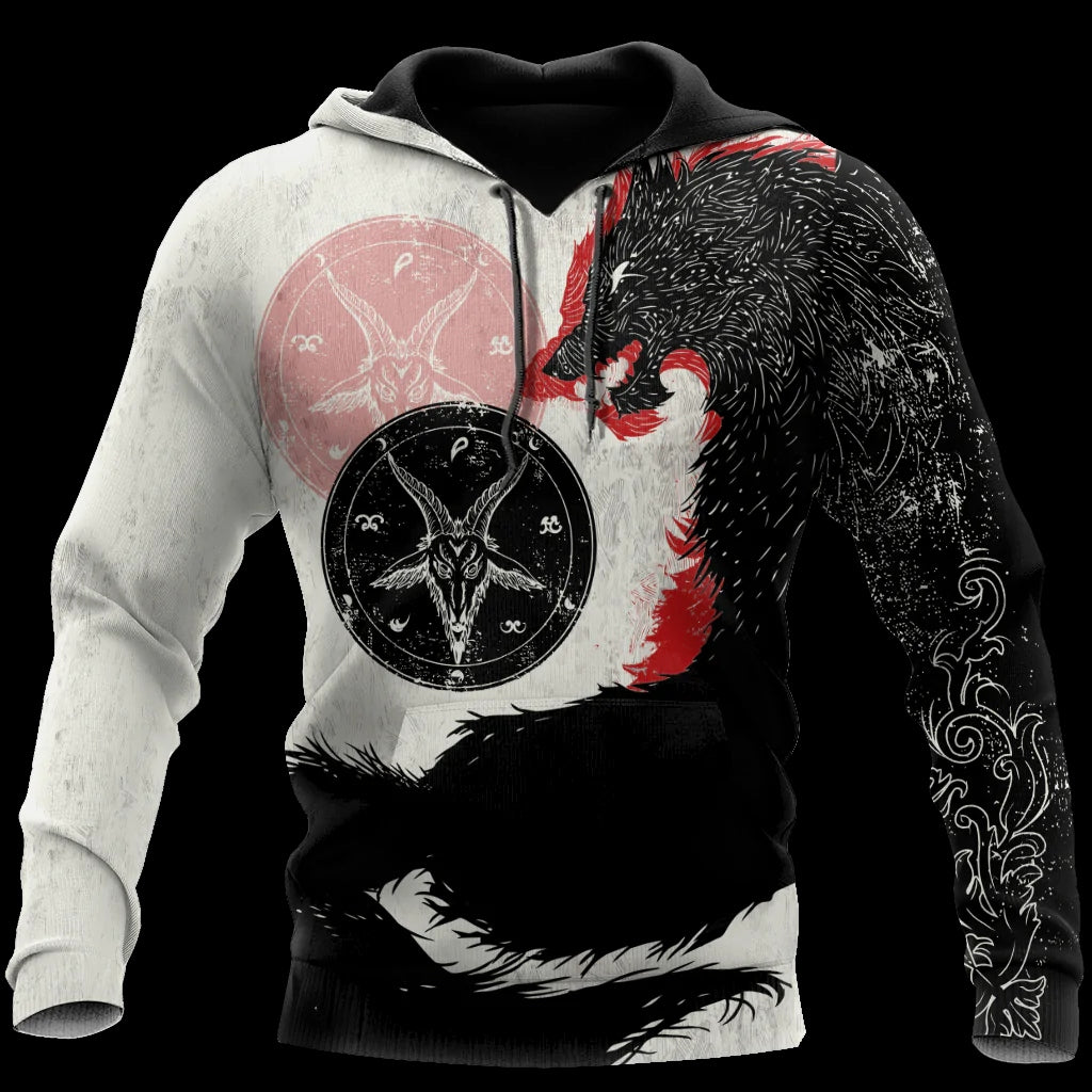 Black And White Satanic Wolf Hoodie
