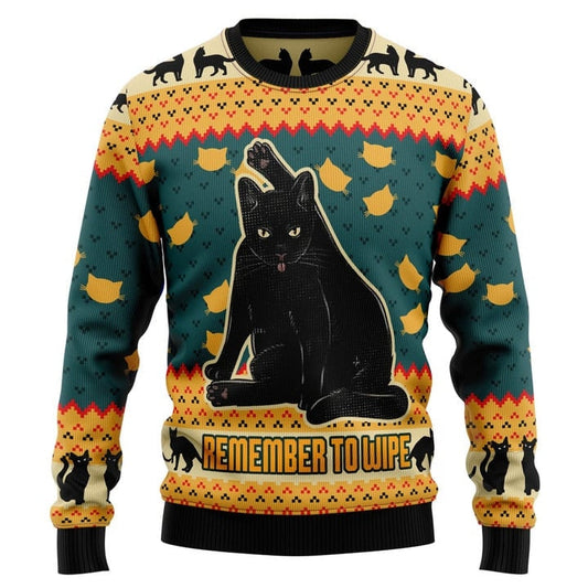 Black Cat Remember To Wipe Ugly Christmas Sweater