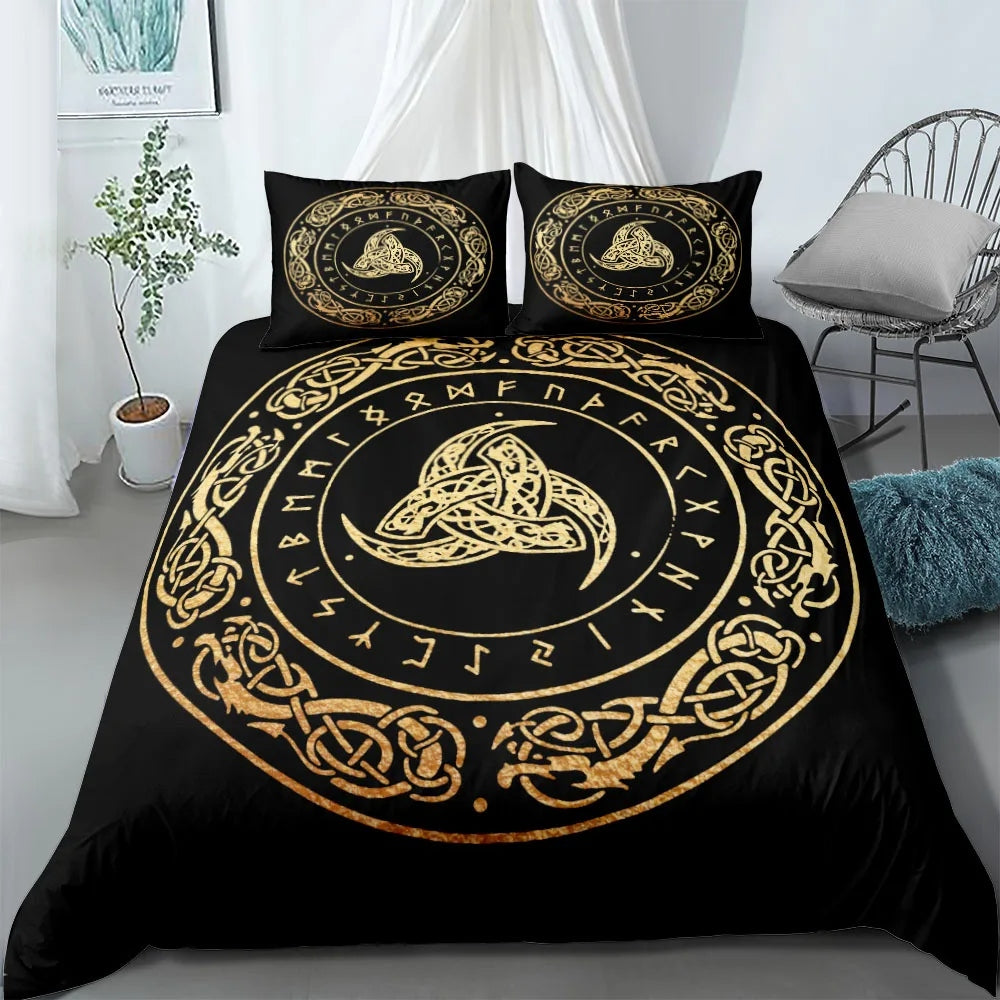 Black Gold Horn of Odin Viking Bedding Set