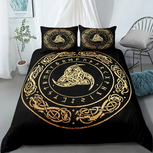 Black Gold Horn of Odin Viking Bedding Set