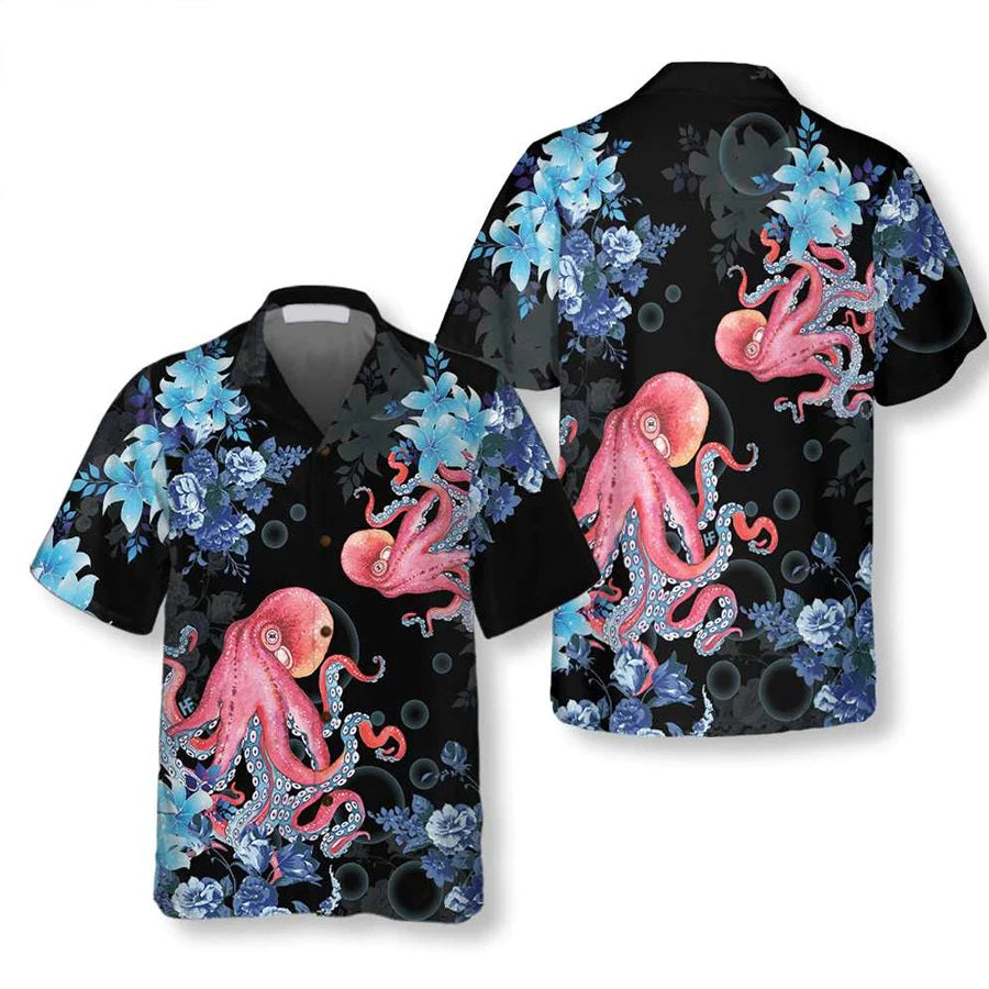 Blue Floral and Octopus Hawaiian Shirt